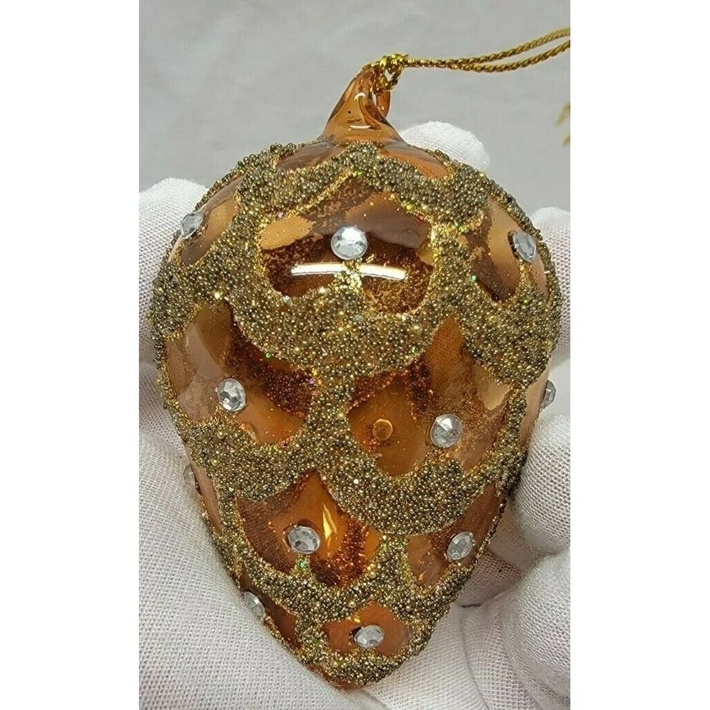Vintage Poland Glass Pinecone Ornament Brown Gold Glitter Rhinestone 630t 1980